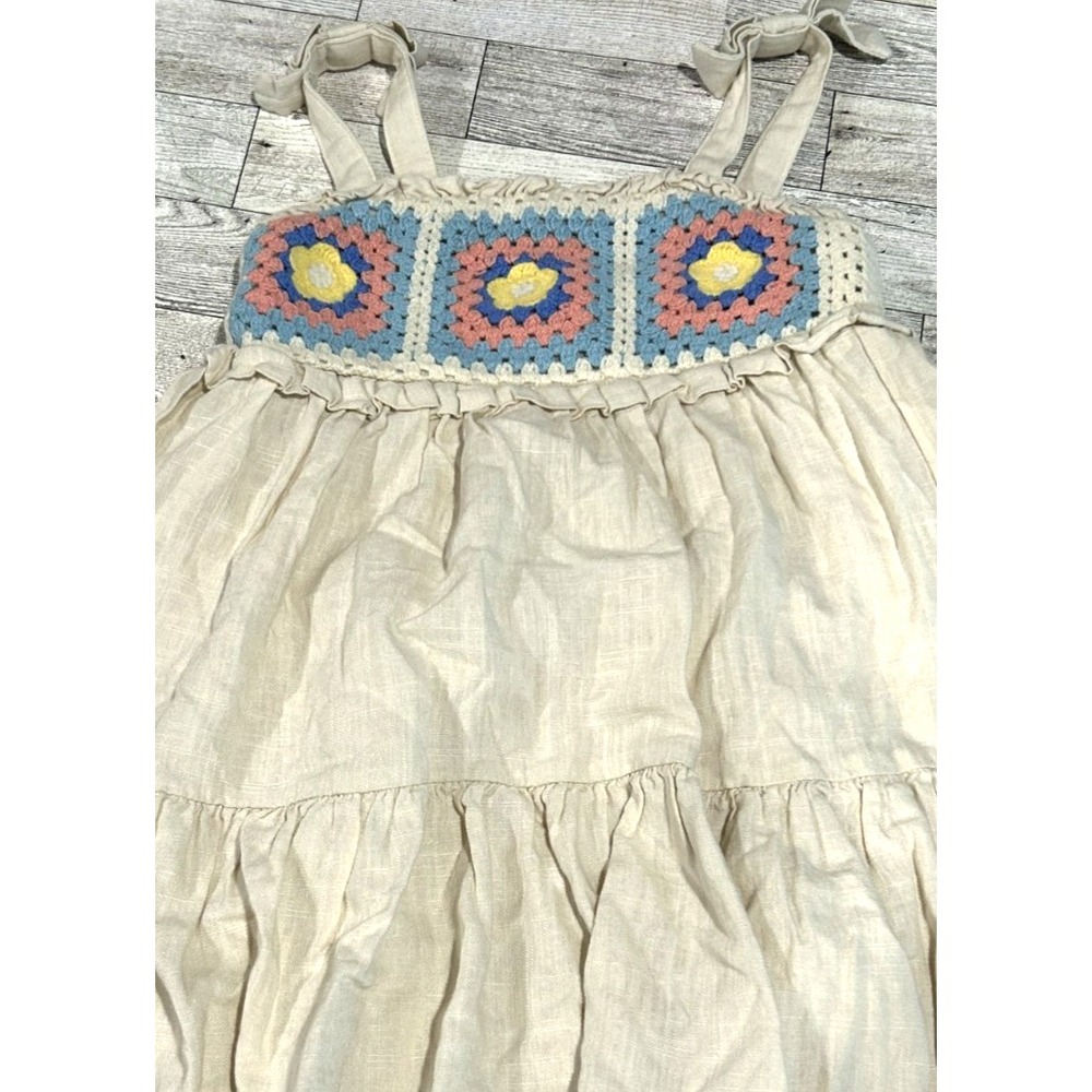 Haute Hippie Girls White Dress blue pink Crochet Floral Top Linen blend Size? 4T